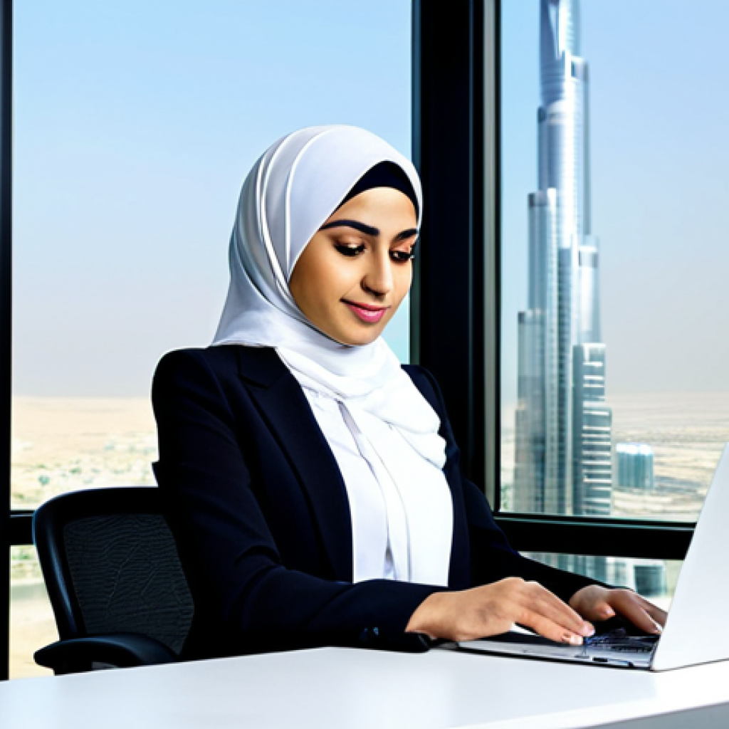 Modern Arab Professional** "A confident Arab businesswoman in a professional, tailored suit, working on a laptop in a bright, modern office in Dubai. She is wearing a hijab that complements her outfit. The office has large windows with a view of the city skyline. Fully clothed, appropriate attire, safe for work, perfect anatomy, natural proportions, professional, modest, family-friendly, high quality, well-formed hands, proper finger count." **