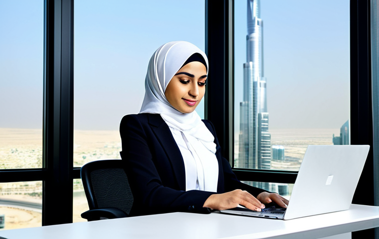 Modern Arab Professional** "A confident Arab businesswoman in a professional, tailored suit, working on a laptop in a bright, modern office in Dubai. She is wearing a hijab that complements her outfit. The office has large windows with a view of the city skyline. Fully clothed, appropriate attire, safe for work, perfect anatomy, natural proportions, professional, modest, family-friendly, high quality, well-formed hands, proper finger count." **