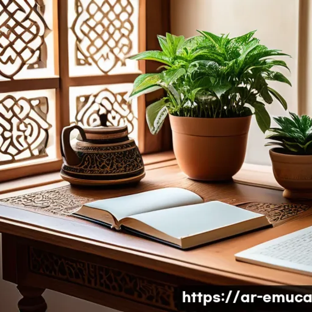 자율적 학습 환경 구축하기 - A serene, well-organized study corner in a traditional Arabic home setting, featuring a wooden desk ...
