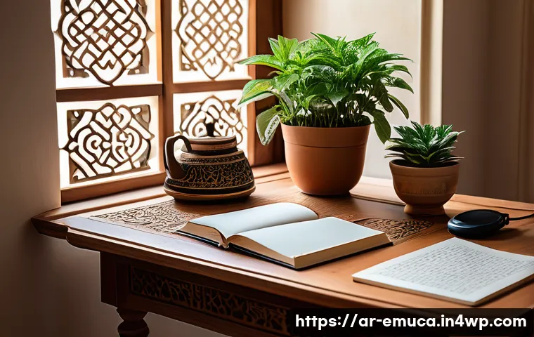 자율적 학습 환경 구축하기 - A serene, well-organized study corner in a traditional Arabic home setting, featuring a wooden desk ...