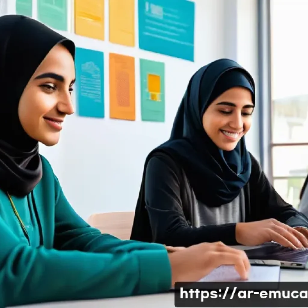 자율적 교육 방법론의 역사적 배경 - A vibrant digital classroom scene featuring diverse Arab young adults engaged in self-learning throu...