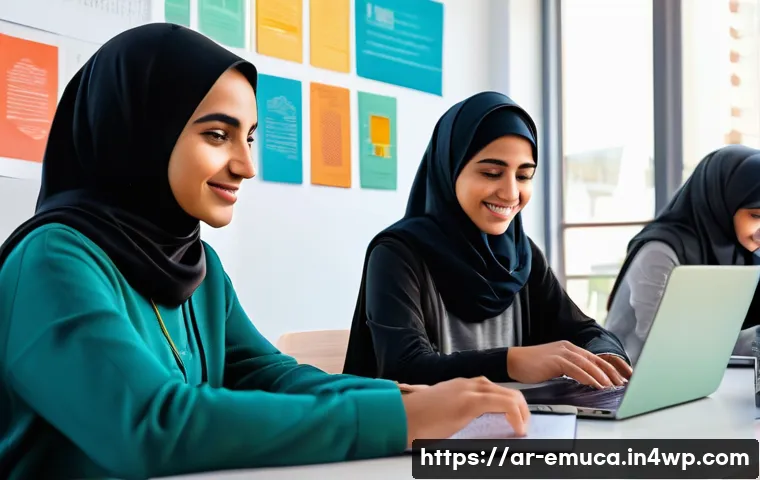 자율적 교육 방법론의 역사적 배경 - A vibrant digital classroom scene featuring diverse Arab young adults engaged in self-learning throu...