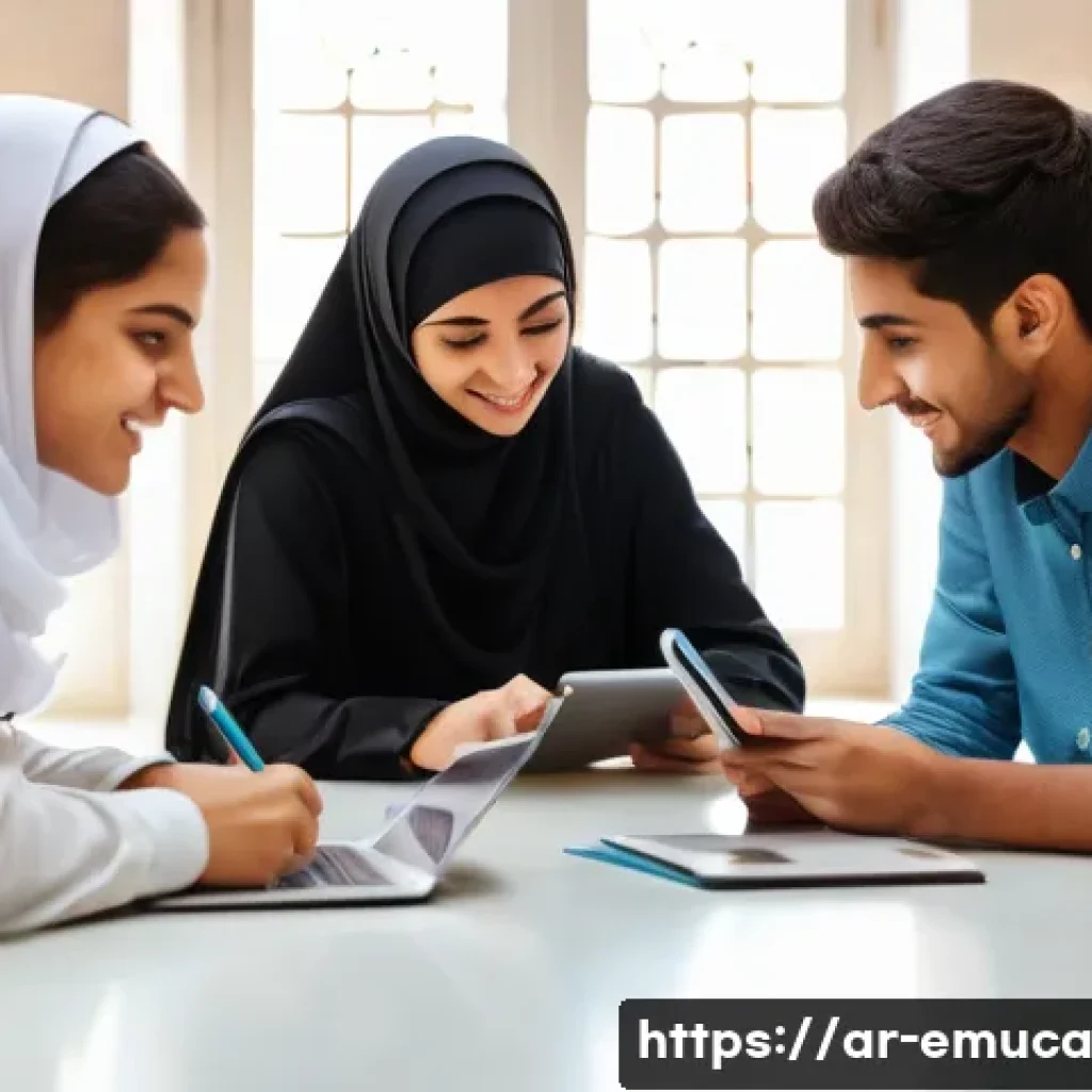 자율적 교육 방법론의 전환 전략 - A modern Arabic classroom scene with diverse students aged around 15, engaged in a collaborative gro...