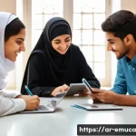 Home 21 자율적 교육 방법론의 전환 전략 - A modern Arabic classroom scene with diverse students aged around 15, engaged in a collaborative gro...
