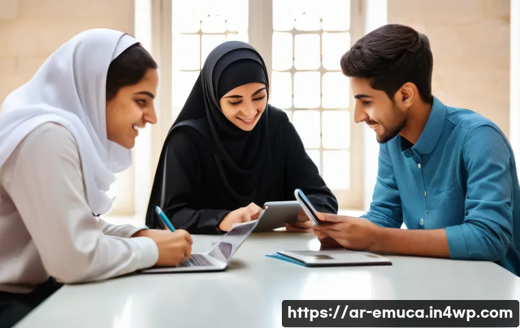 자율적 교육 방법론의 전환 전략 - A modern Arabic classroom scene with diverse students aged around 15, engaged in a collaborative gro...
