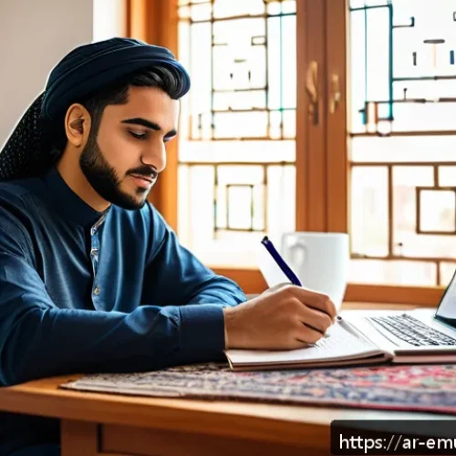Home 32 자율적 교육 방법론의 혁신적 접근 - A focused Arab young adult sitting at a modern desk in a cozy home study room, surrounded by digital...