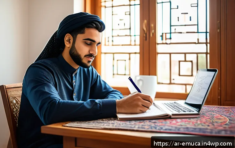 자율적 교육 방법론의 혁신적 접근 - A focused Arab young adult sitting at a modern desk in a cozy home study room, surrounded by digital...