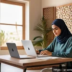 Home 18 자율적 학습을 위한 정보 활용법 - A Middle Eastern young adult woman sitting at a modern desk in a cozy home office, surrounded by dig...