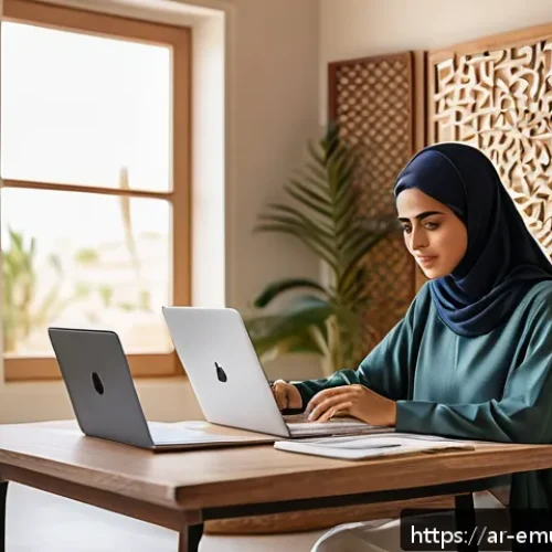 Home 30 자율적 학습을 위한 정보 활용법 - A Middle Eastern young adult woman sitting at a modern desk in a cozy home office, surrounded by dig...