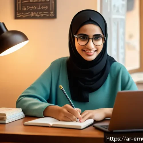 Home 17 자율적 학습을 위한 온라인 자원 - A focused young Arab woman sitting at a modern desk in a cozy home study, surrounded by Arabic educa...