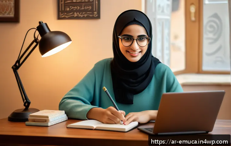 자율적 학습을 위한 온라인 자원 - A focused young Arab woman sitting at a modern desk in a cozy home study, surrounded by Arabic educa...