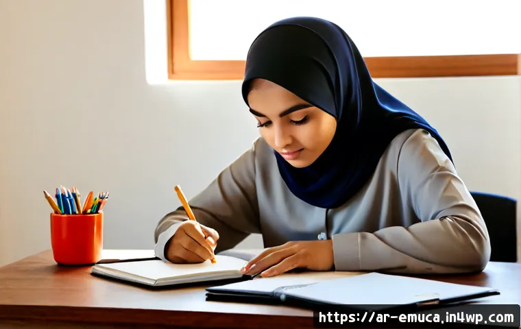 자율적 학습을 위한 계획 세우기 - Photorealistic young Arab woman in modest neutral-colored hijab and long-sleeved clothing creating a...